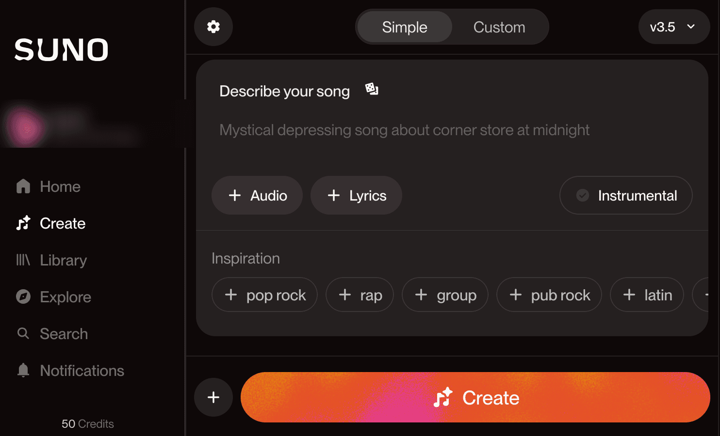 Bildschirm von Suno im Modus „Simple“ mit dem Eingabefeld „Describe your song“, Stil-Vorschlägen wie Pop Rock und Rap und dem Knopf „Create“