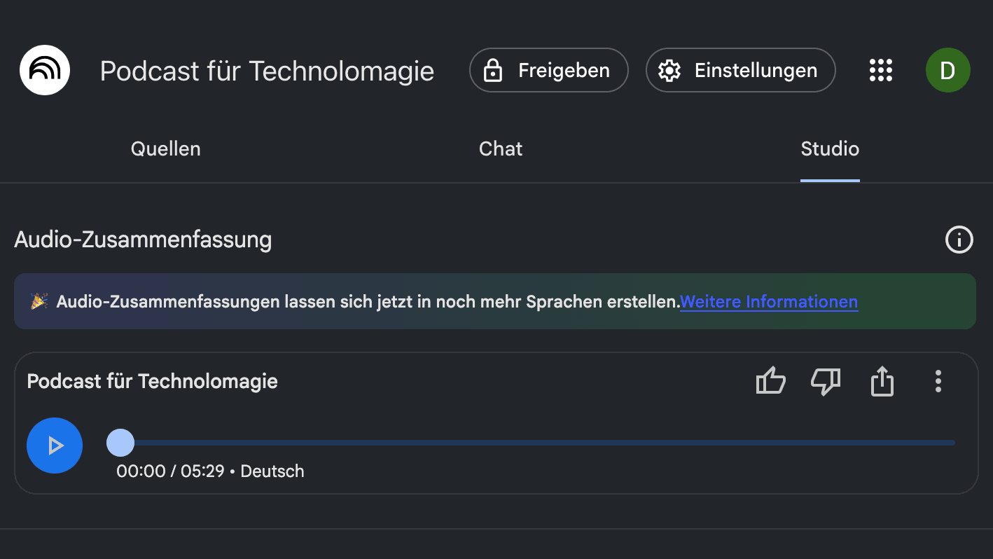 Bildschirm von NotebookLM mit dem Notebook „Podcast für Technolomagie“: Im Bereich Studio ist eine fertige Audio-Zusammenfassung auf Deutsch zu sehen