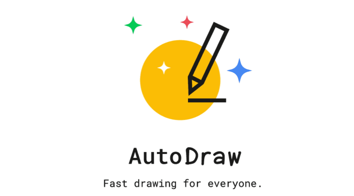 Logo von AutoDraw: ein gelber Kreis mit einem Zeichenstift und bunten Funken, darunter der Schriftzug „AutoDraw – Fast drawing for everyone.“